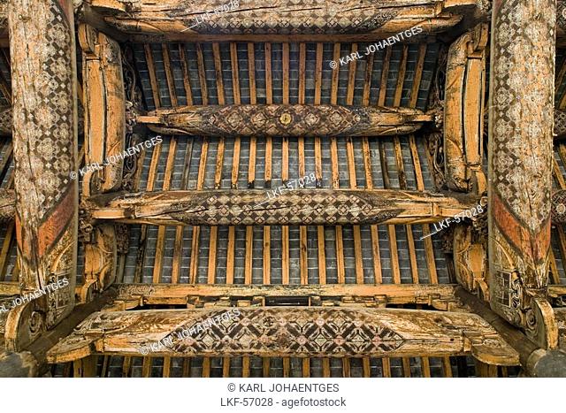 Ancestral temple, Baolun Hall, Chengkan, timber roof construction, carving, in house beams, Hongcun, ancient village, living museum, China, Asia