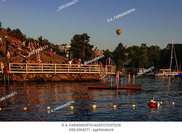 Stockholm, Sweden A public bathing area on Lake Malaren called Ornsbergs Klippbad, and hot air balloon