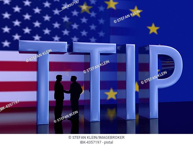 Two businessmen shaking hands in front of USA flag and EU flag, writing TTIP, FTA, free trade agreement, Computer Graphic