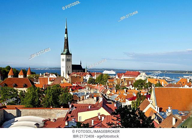 View from Toompea, Cathedral Hill, to the city walls, St. Olaf's Church and the old town, UNESCO World Heritage Site, Tallinn, Estonia, Baltic States