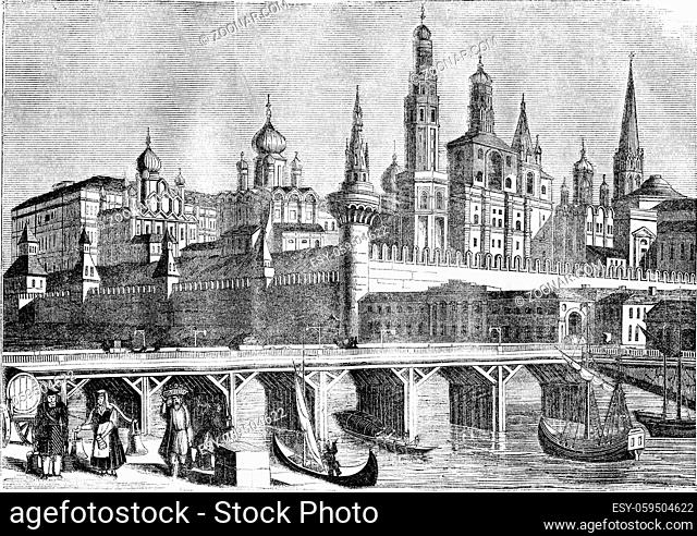View of the Kremlin and the wooden bridge in Moscow, vintage engraved illustration. Magasin Pittoresque 1836