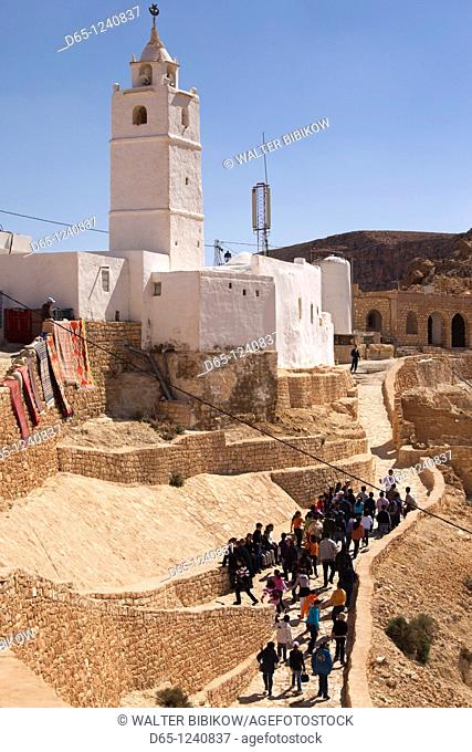 Tunisia, Ksour Area, Chenini, Berber village mosque view