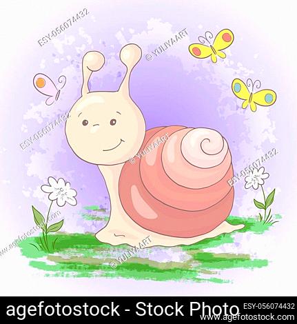 Illustration of cute cartoon snail flowers and butterflies. Vector, Stock  Vector, Vector And Low Budget Royalty Free Image. Pic. ESY-056074432 |  agefotostock