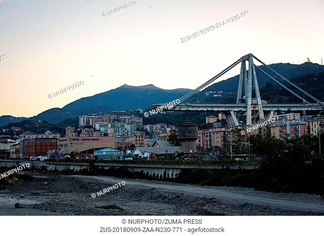 September 9, 2018 - Genoa, Italy - A picture shows the collapsed Morandi motorway bridge in Genoa on September 9, 2018. The giant motorway bridge collapsed on...