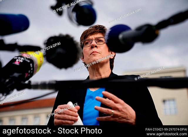 21 April 2021, Berlin: Annegret Kramp-Karrenbauer (CDU), Federal Minister of Defence, speaks during a press statement on the withdrawal of the Bundeswehr from...