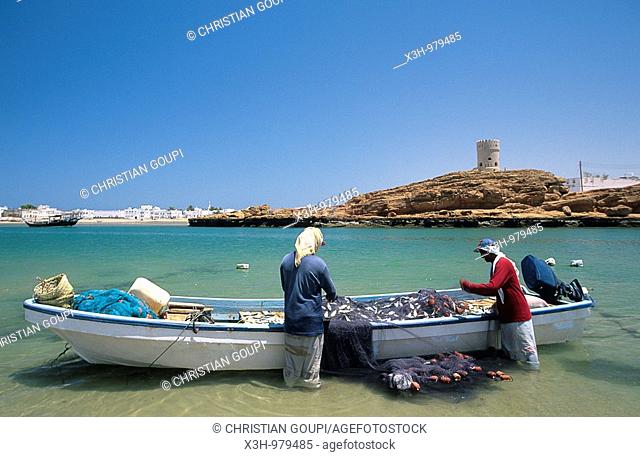 rowing fishing boat on the beach of Sur, Sultanate of Oman, Arabian Peninsula, Asia