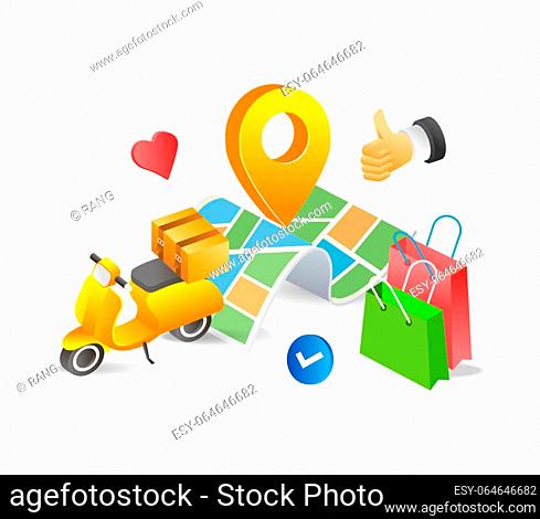 Flat 3d concept isometric illustration of online shopping goods delivery map location