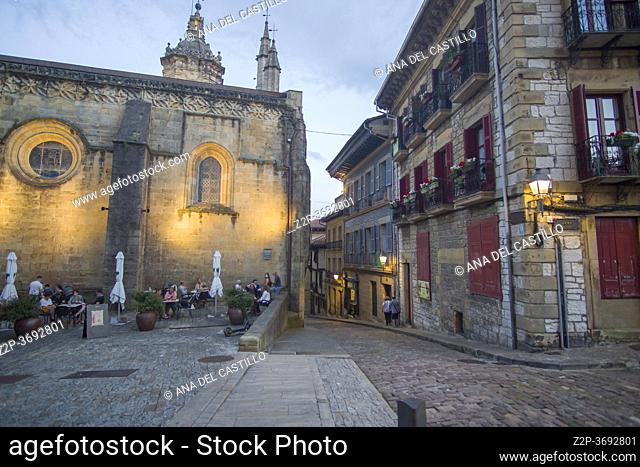 Hondarribia, a town in Gipuzkoa, Spain on July 23, 2020: The medieval city by dusk. Asuncion church