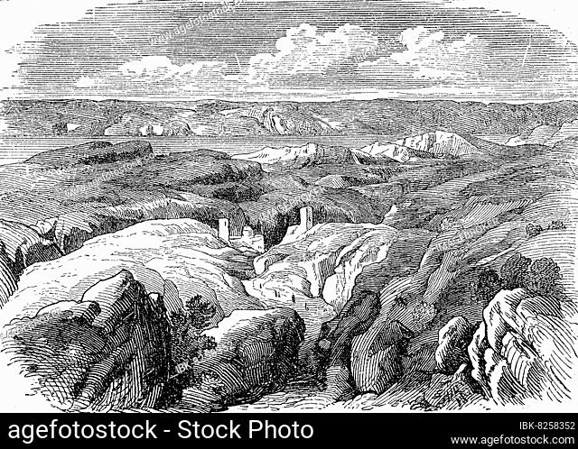 Westufer des Toten Meer, Judäa, im Jahre 1860, digital restaurierte Reproduktion einer Originalvorlage aus dem 19. Jahrhundert