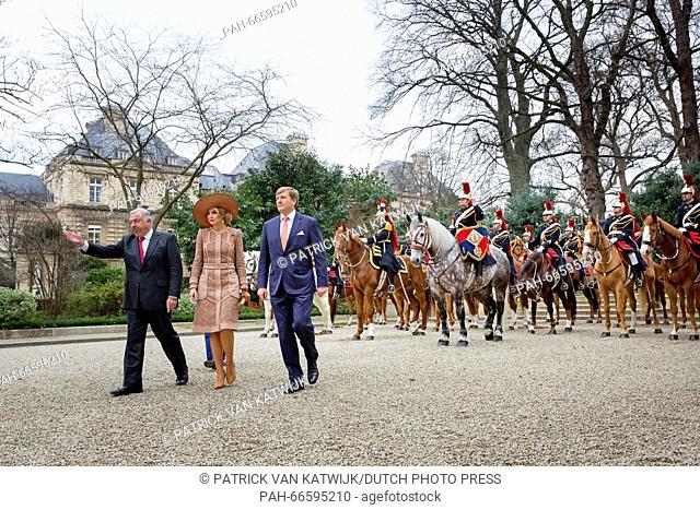King Willem-Alexander and Queen Maxima of The Netherlands visit chairman of the senate Gerard Larcher at Paleis du Petit Luxembourg in Paris, France