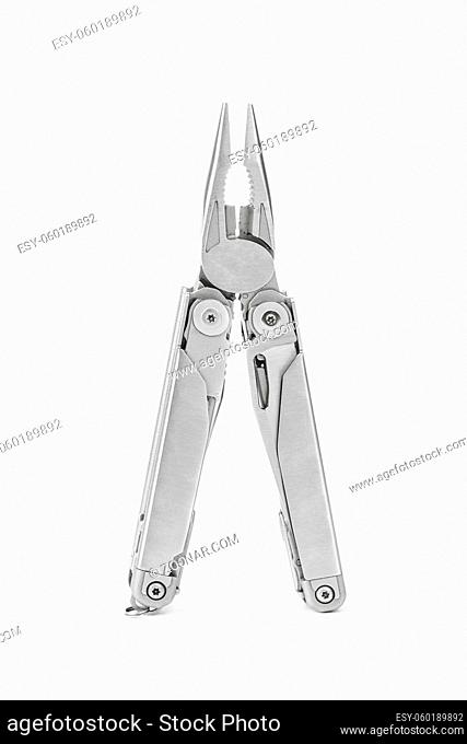 Steel multitool isolated on white background