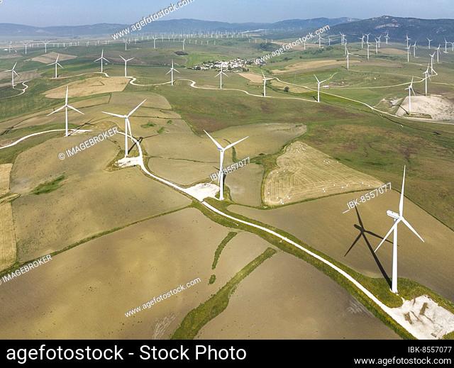 Windmills on a wind farm near Zahara de los Atunes, aerial view, drone shot, Cádiz province, Andalusia, Spain, Europe