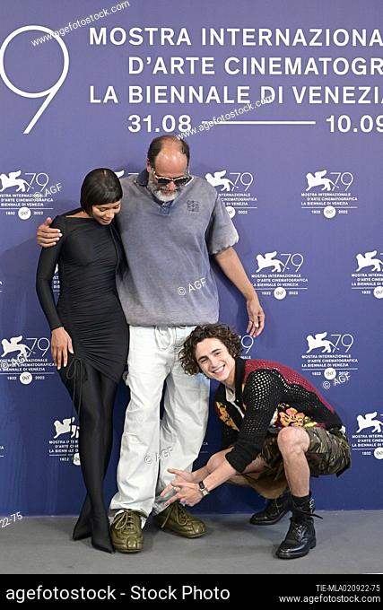 Luca Guadagnino, Timothee Chalamet, Taylor Russell attends the photocall for ""Bones and all"" at the 79th Venice International Film Festival on September 01