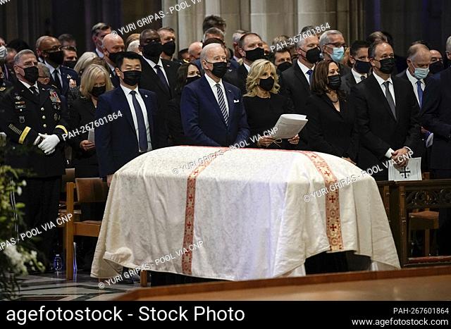 United States President Joe Biden, first lady Dr. Jill Biden, United States Vice President Kamala Harris, and Doug Emhoff attend the memorial service for former...