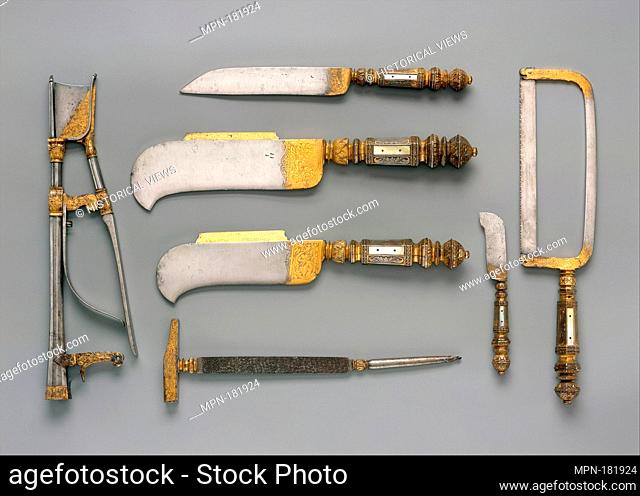 Set of seven pruning tools. Date: 1575-1600; Culture: French, Moulins; Medium: Steel, partly gilded; mother-of-pearl; Dimensions: Tool (