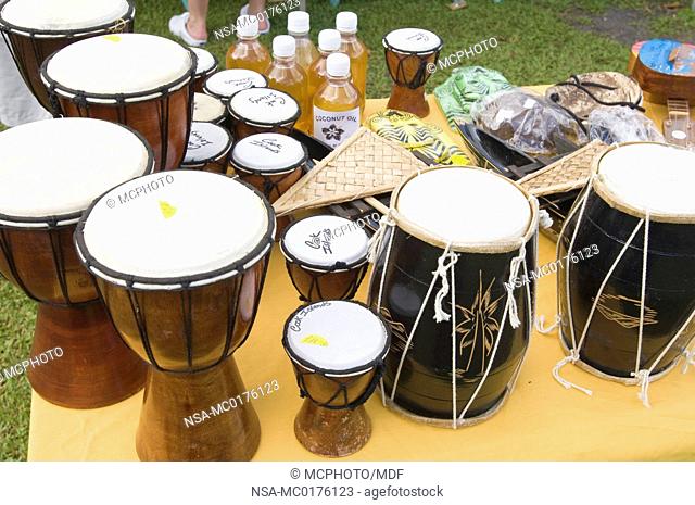 Cook Islands, Rarotonga. Local drums in Punanga Nui Cultural market