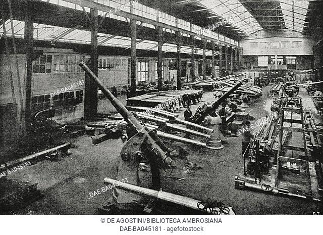 Making medium-calibre guns at the Ansaldo artillery plant, Genoa, Italy, World War I, from L'Illustrazione Italiana, Year XLIV, No 22, June 3, 1917