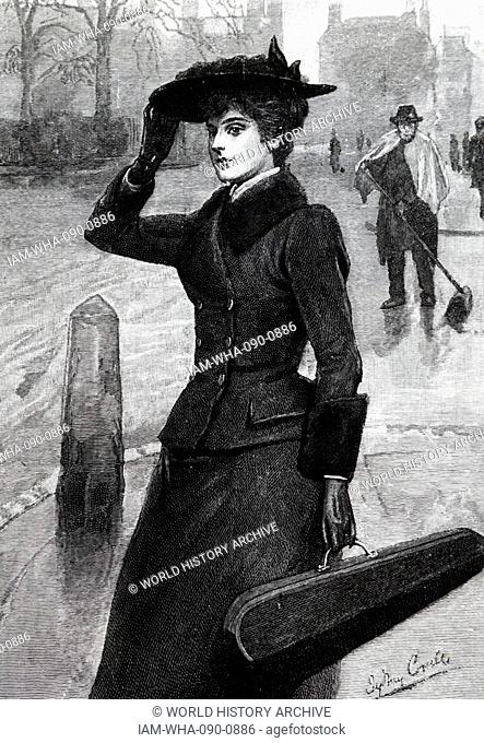 Illustration: The Breadwinner: A widow on her way | to play violin at a concert to earn money to support her family. 1893