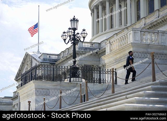 An American flag flies at half-mast on Capitol Hill for Chief Warrant Officer 4 Hershel Woodrow “Woody” Williams in the Rotunda on Thursday, July 14, 2022
