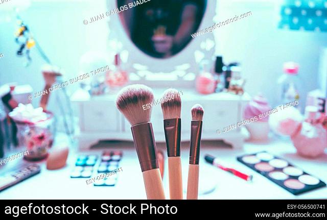 Still life of aesthetic and makeup utensils