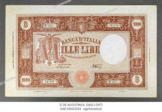 1000 lire banknote, modified Barbetti type, 1947-1950, obverse, 24.8x14.8 cm. Italy, 20th century.  Private Collection
