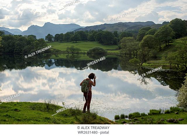 A woman looks out over Tarn Foot, Lake District National Park, Cumbria, England, United Kingdom, Europe