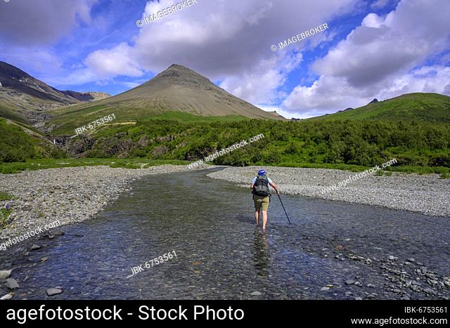 Woman crossing a stream, hiking Morsardalur, Skaftafell NP, Austurland, Iceland, Europe