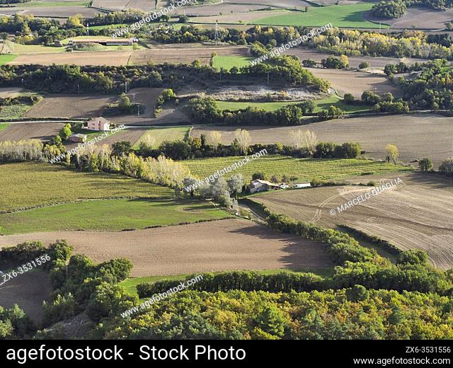 Aerial view of pasture fields seen from Sant Sebastian Chapel lookout, at Santa Eulàlia de Riuprimer village countryside
