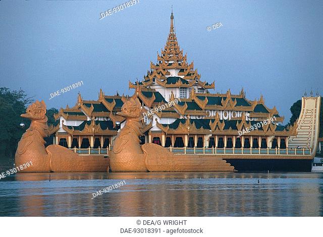 Karaweik restaurant on Lake Kandawgyi is a replica of the royal Burmese barge, Rangoon, Myanmar
