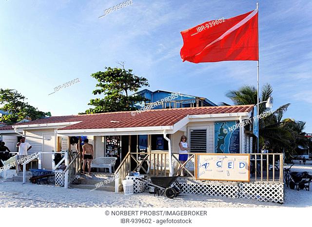 Diving flag flying over a scuba diving center in San Pedro, Ambergris Cay Island, Belize, Central America, Caribbean