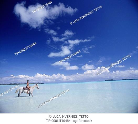 French Polynesia, Bora Bora, local girl riding horse in the lagoon