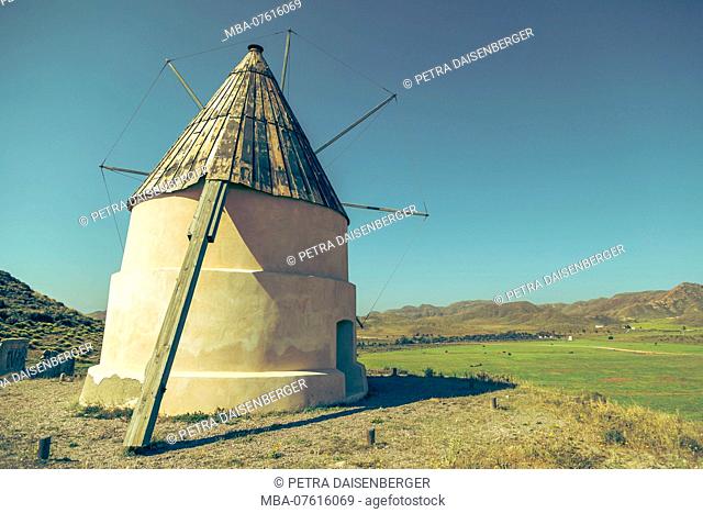A traditional windmill in the Cabo de Gata National Park, near San JosÃ©, Almeria, Spain, Europe