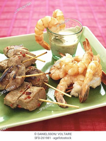 Marinated lamb kebabs and grilled king prawns with dip