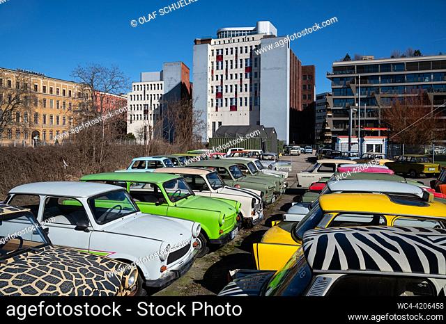 Berlin, Germany, Europe - Colourful vintage Trabant cars are parked at a parking lot of Trabi World in Berlin's Mitte district