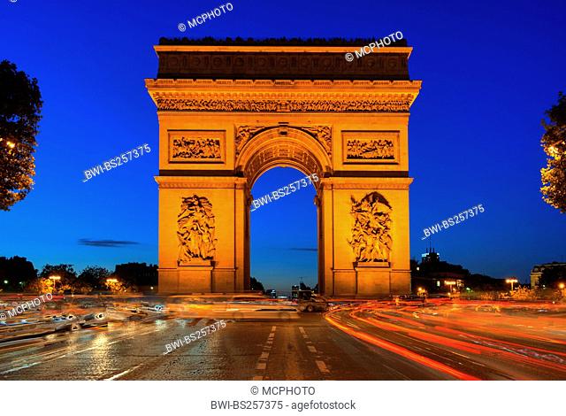 illuminated Arc de Triomphe at night, France, Paris