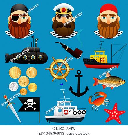 Pirate, sea captain and fisherman. Portraits of people of sea professions, their ships and things. Set of objects nautical theme. Vector illustration
