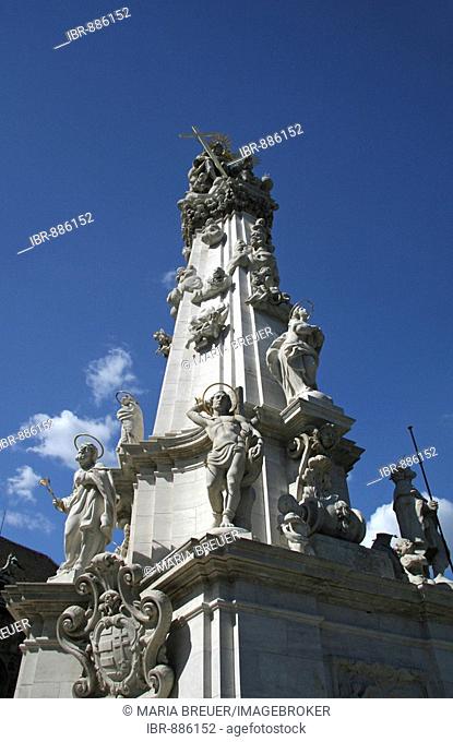 Detail of the Holy Trinity Pillar with figurines of saints, 14 m high, baroque plague column in remembrance of the epidemic of the bubonic plague that occurred...