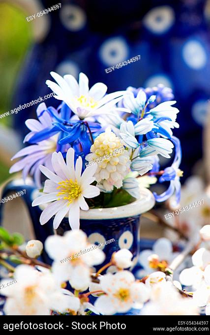 Little spring flowers in a eggcup and other decoration