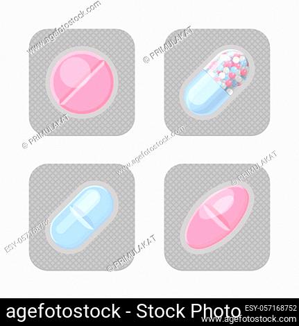 Blister packs with different shape pills realistic vector set. Pharmacy isolated colorful packagings. Aspirin, antibiotics, vitamin or painkiller drugs