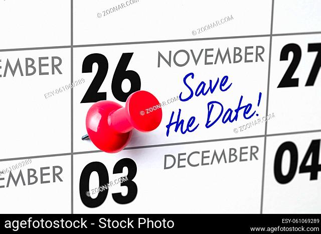 Wall calendar with a red pin - November 26