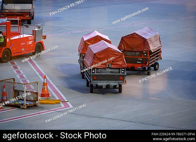 23 June 2022, Hamburg: Trolleys for suitcases are located between the terminals on the flight deck. Photo: Jonas Walzberg/dpa