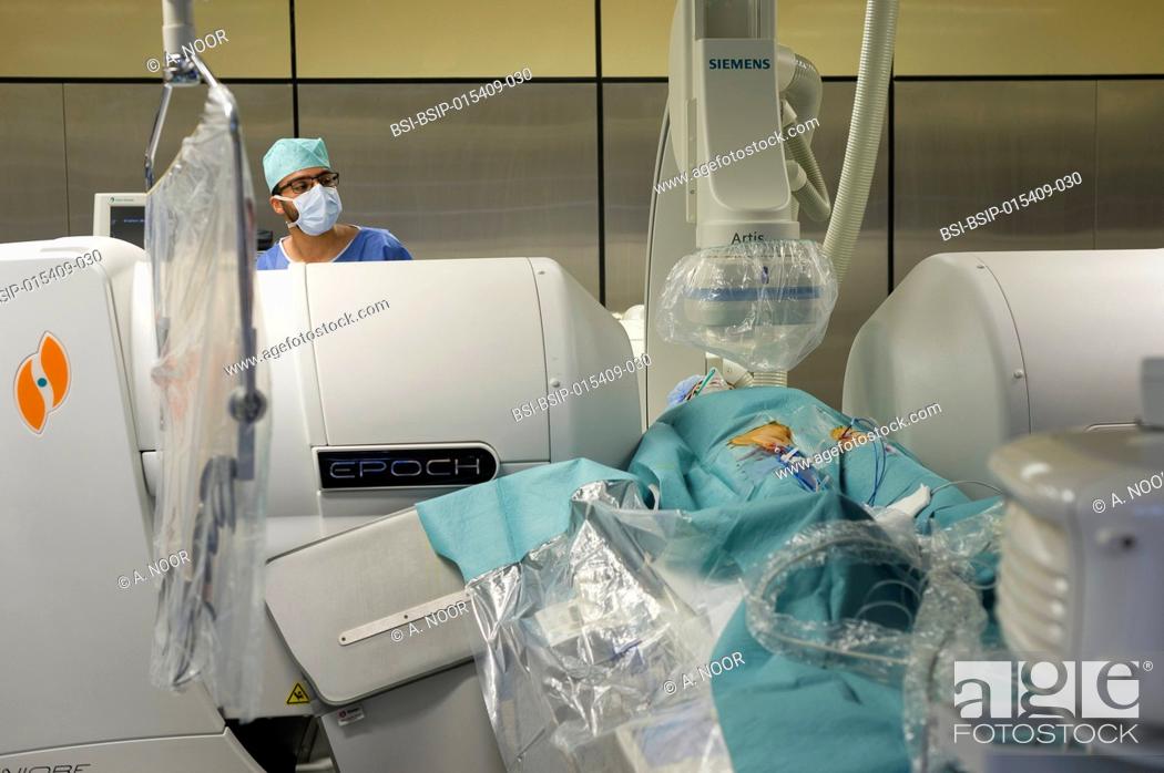 Stock Photo: Reportage in the Interventional Cardiology and Rythmology service in Saint George Clinic in Nice, France. Radiofrequency ablation of cardiac arrhythmia using.