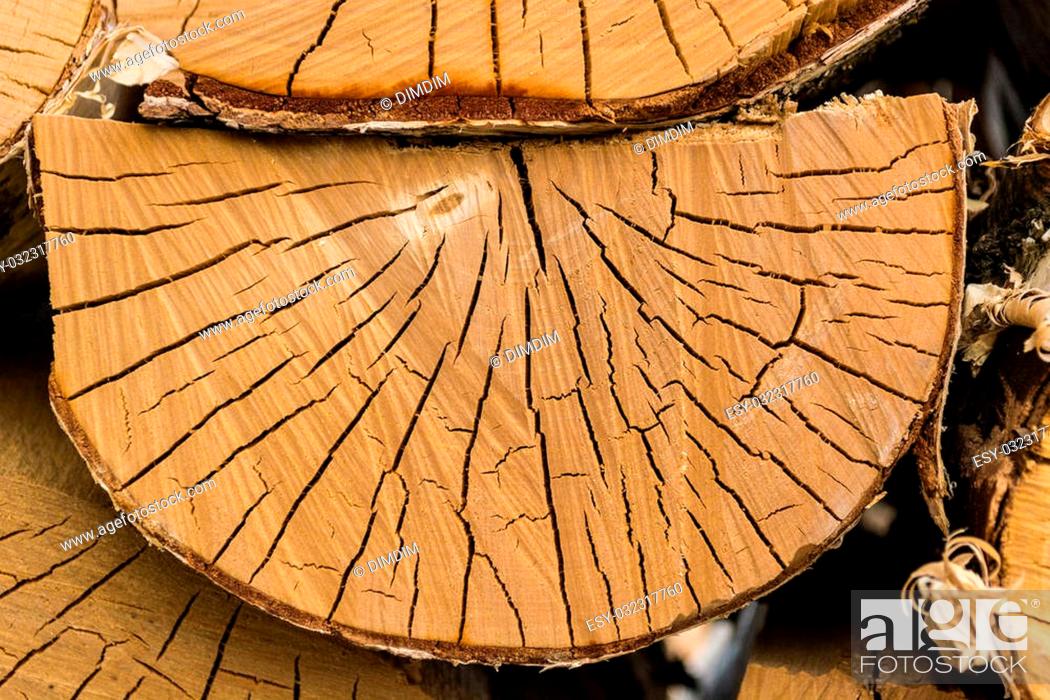 Stock Photo: Natural semi-circular piece of wood in a woodpile flaunts in the summer sun.